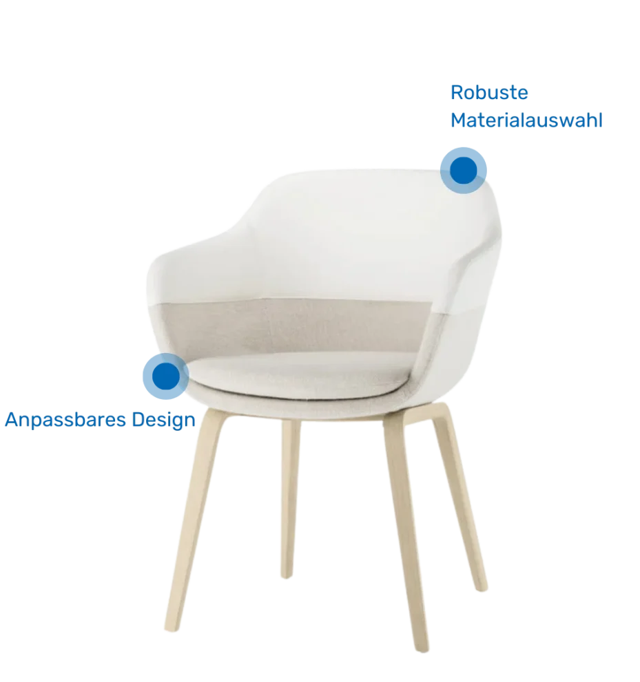 Freigestellter Besucherstuhl mit Schrift über Merkmale des Stuhls