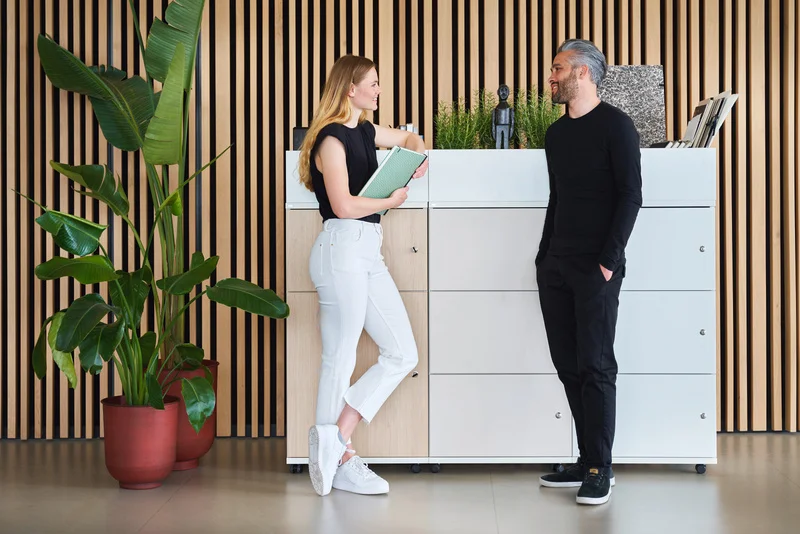 Zwei Personen stehen an einem Büroschrank in einem Büro